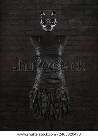 black dress and masquerade cat mask