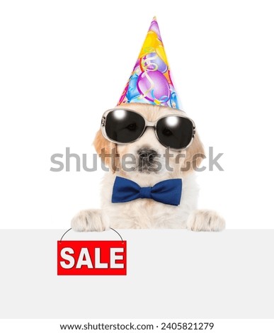 Golden retriever puppy wearing tie bow and sunglasses and party cap shows signboard with labeled "sale" from behind empty white banner. isolated on white background