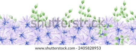 Hand drawn watercolor blue daisy flowers seamless border isolated on white background. Can be used for label, tape, decoration and other printed products