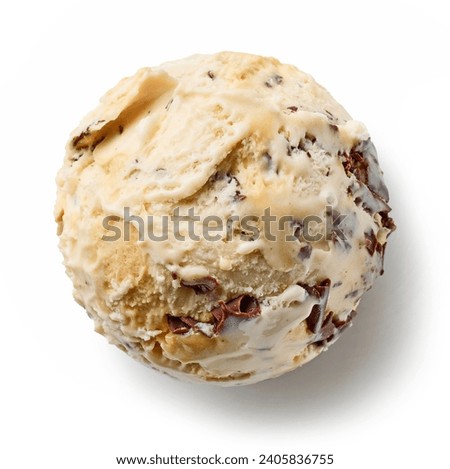 coffee liqueur ice cream scoop with chocolate pieces  isolated on white background, top view