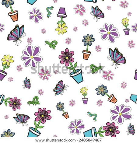 Colourful Flower ,seamless pattern ,prints background, vectors, surface patterns , Flowers ,butterfly , caterpillars ,dots, stripes, crosshetch 