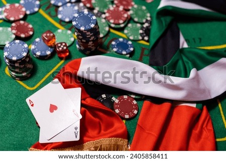 poker chips, emirates flag on blackjack table
