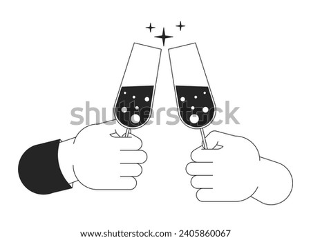 Champagne glasses clinking cartoon human hands outline illustration. Alcoholic wineglasses toasting 2D isolated black and white vector image. Sparkle cheers flat monochromatic drawing clip art