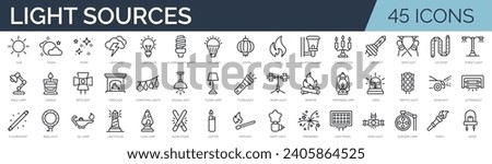 Set of 45 outline icons related to light sources. Linear icon collection. Editable stroke. Vector illustration