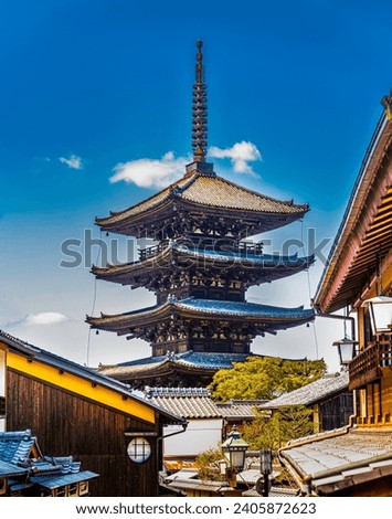 Zoom in picture of the ancient beautiful traditional Japanese style pagoda in the Kiyomizu-dera Temple in Kyoto, Japan