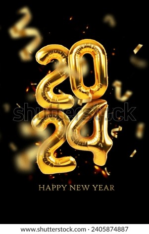 Golden 2024 balloons with confetti on a black background. Happy New Year 2024 card. Vertical photo