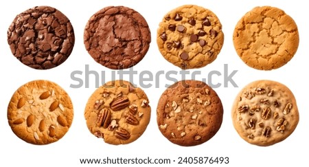 Collection of round cookie cookies biscuit, classic and nut set, on white background cutout file. Many assorted different design. Mockup template for artwork design Royalty-Free Stock Photo #2405876493