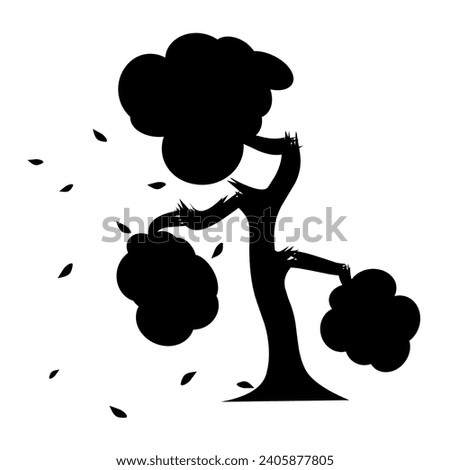Vector silhouette of destroyed tree on white background. Tree branches broke due to strong winds. Vector illustration
