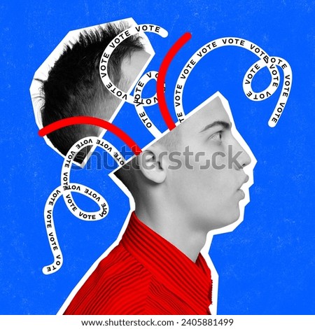 Contemporary art collage. Frightened man in monochrome filter have confused thoughts that fly out of his open head regarding voting. Concept of country, world, elections. citizen participation. Royalty-Free Stock Photo #2405881499
