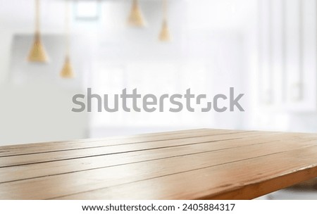 empty wooden table against abstract blur white interior background, montage, product display, inside and window.