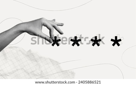 Trendy Halftone Collage with Human Hand with Pin Code. Password authentication. Web identify. Fingers holding passkey. Protecting your personal data online. Contemporary vector art illustration