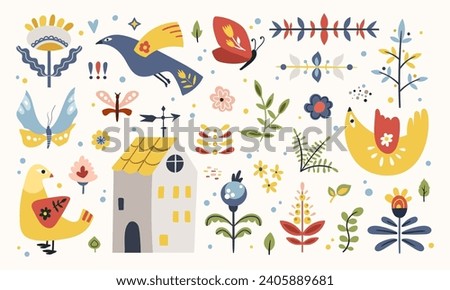 Folk hygge art clip arts vector set in Scandinavian Nordic style, isolated naive designs on white. Collection of ethnic elements. Scandi folk motifs - birds, flowers, moth, leaves, little house
