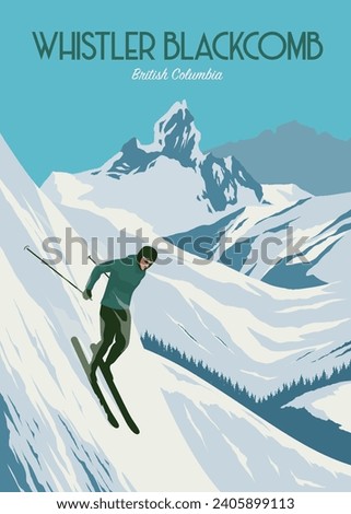 poster of whistler blackcomb background illustration design, man skier running downhill on british columbia ski resort Royalty-Free Stock Photo #2405899113