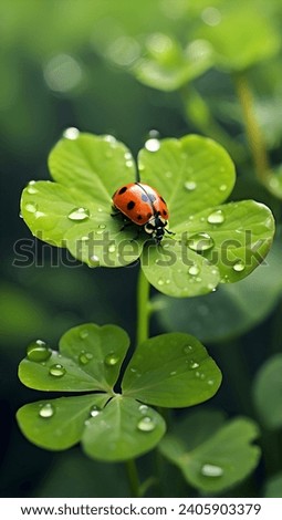 On a special four-leaf clover, a seven-spotted ladybug lives vividly in it. The combination of four-leaf clover and seven-star ladybug shows the wonde Royalty-Free Stock Photo #2405903379