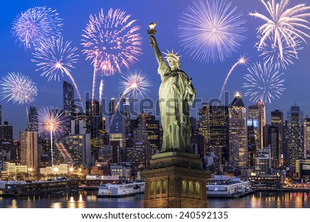 Manhattan Skyline, The Statue of Liberty fireworks at Night, New York City
