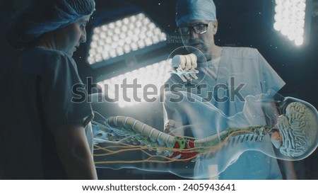Male and female surgeons work in modern operating room using futuristic holographic display. 3D computer graphics of virtual human skeleton and organs. AI technology in medicine. Healthcare innovation