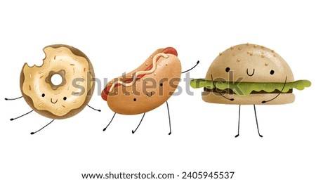 Food cartoon characters. Fast food with face and arms. Burger and hot dog. Donut with yellow glaze