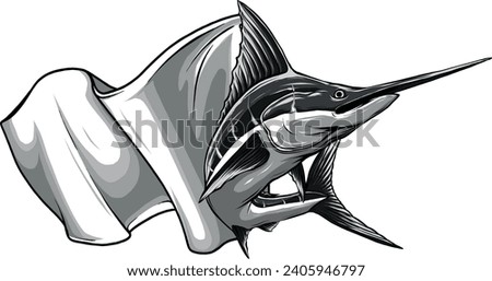 monochromatic illustration of marlin fish with japanese flag