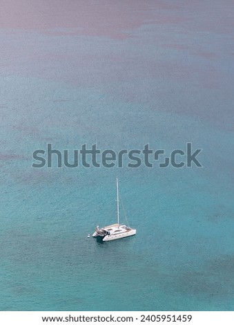 A picture of a sailing catamaran surrounded by blue water.