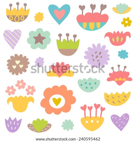 Set of retro style decorative flowers. Great for greeting cards, Easter, thanksgiving, scrap booking. Vector
