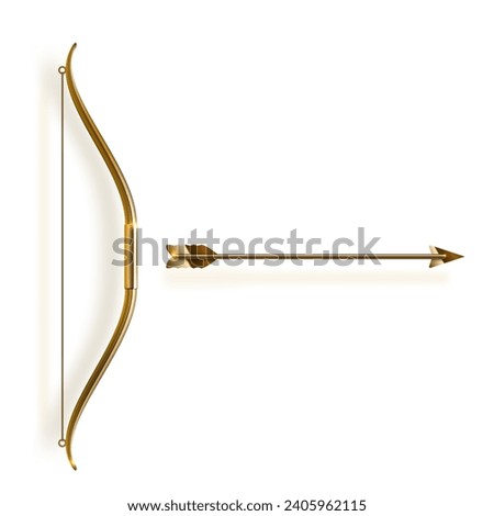 Golden Bow And Arrow With Shadow Isolated On White Background. EPS10 Vector