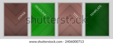 Halftone dots and arrow direction pattern business cover page layout set. Colorful banners vector design. Contemporary book covers. Commercial brochures set.