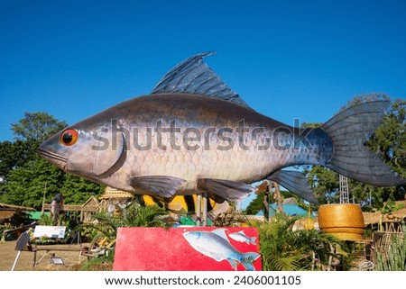 Si-Songkhram, Nakhon Phanom,  Thailand,  Before the clean-up the morning after the annual Si-Songkhram Fish Festival,   big fish robot