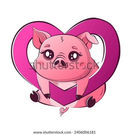 Kawaii pig sticks out in a big heart. Cute animals for Valentine's Day.
