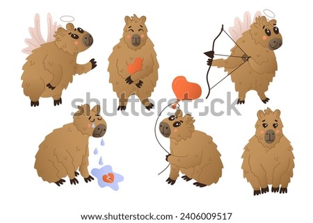 Set of fun hand drawn capybaras with emotions and hearts. St Valentines day concept. Cute flat animal cartoon characters with emotions and feelings. I