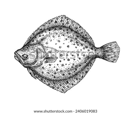 Turbot. Illustration of flatfish. Hand drawn ink sketch isolated on white background. Retro style.