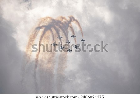 The Patrouille de France flying in formation during the Paris Airshow of 2023 Royalty-Free Stock Photo #2406021375