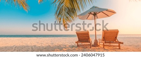 Beautiful tropical beach banner. White sand and coco palms trave Royalty-Free Stock Photo #2406047915