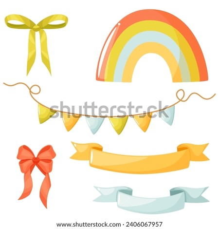 Set of spring cliparts. Cute spring ribbons, bows, triangular flags, rainbows, decorations. Design elements for banners, labels and tags with text for Easter, love day, birthday, mother's day