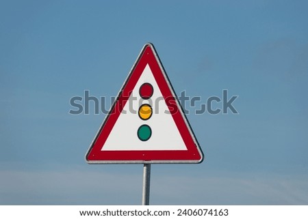 Altenrhein, Switzerland, December 7, 2023 Traffic light ahead showed on a plate at the edge of a street