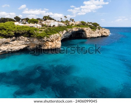 Drone shot, coast with villas, Porto Cristo Novo, Cala Mendia, Majorca, Balearic Islands, Spain