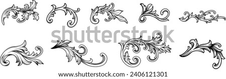 Set of Vintage Baroque Victorian element floral ornament leaf scroll engraved retro flower pattern decorative design. Vector damask patterns with flourishes calligraphic engraved ink style.