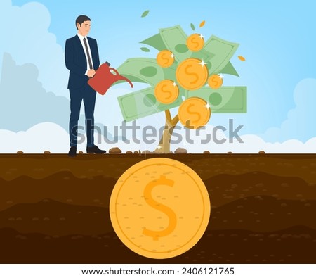 Young businessman waters the money tree to make it grow, investment. Investment business concept vector illustration.