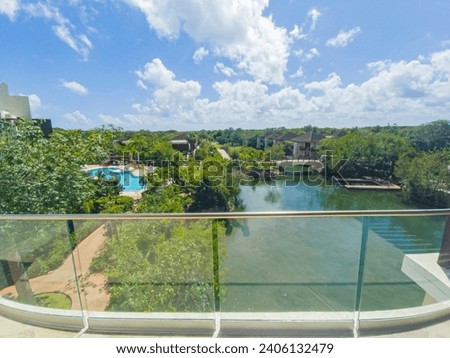 beautiful natural panoramic view from the balcony of the main entrance of the lobby of a luxurious hotel with beautiful natural areas