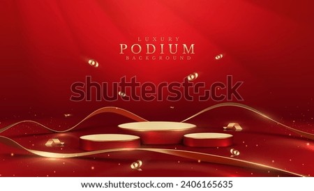 Red product display stand with gold ribbon and glittering light effect decorations. Red luxury background.