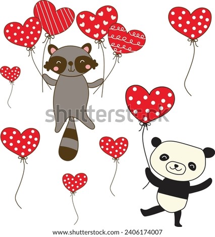 panda and raccoon with heart balloons hand draw clipart vector illustration for decoration invitation greeting birthday party celebration wedding card poster banner textiles wallpaper background