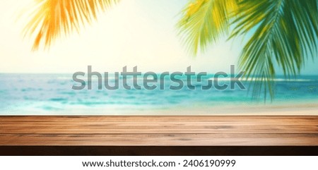 Sand with blurred Palm and tropical beach bokeh background, Summer vacation and travel concept. with empty wooden table . Copy space