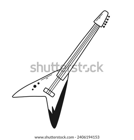 Electric guitar in doodle style. Bass guitar vector linear illustration isolated on white background.