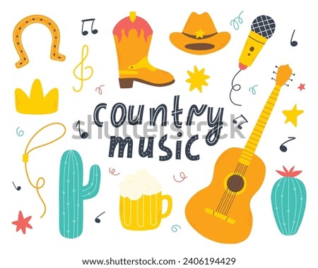 Country music concept. Set of country music elements in hand drawn style. Cowboy music vector illustration.