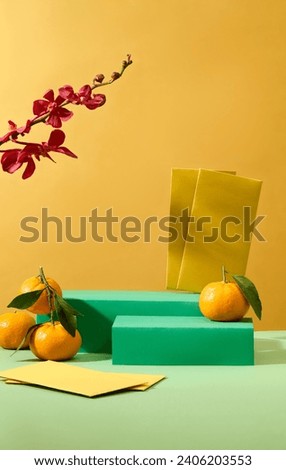 Lucky money envelopes and tangerines are decorated around the display platform. Space for product display and advertising. Pastel background with holiday features.