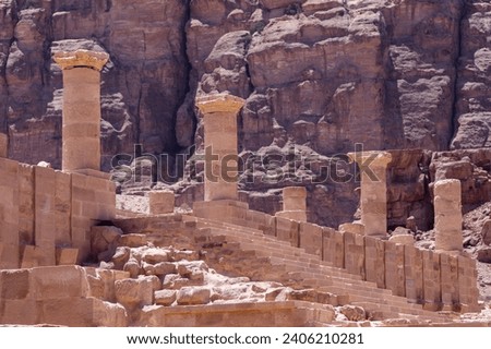 Jordan Petra. Petra is capital of Nabataean kingdom. Ruins of ancient temples carved into colored rocks on territory of Nabataean kingdom. Jordan's historical landmark of international significance. Royalty-Free Stock Photo #2406210281