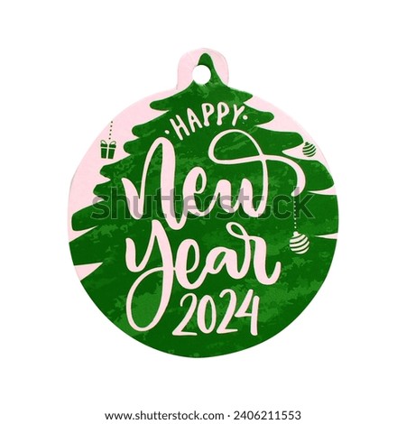 Handmade paper gift tag, picture of a Christmas tree, colored flames to say Happy New Year 2024