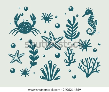Marine life illustration pattern vector coral, shell, scallop, starfish, deep sea background layout silhouette printable	 Royalty-Free Stock Photo #2406214869
