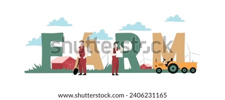 Modern farmers with word FARM on white background