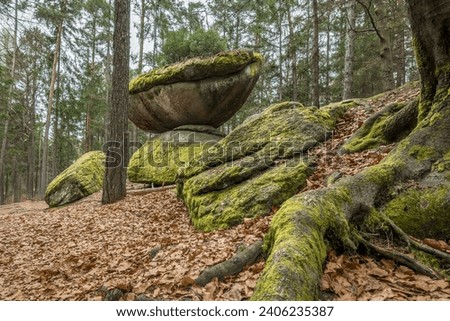 Wackelstein Wobble Stone near Thurmansbang megalith granite rock formation in winter in bavarian forest, Germany Royalty-Free Stock Photo #2406235387