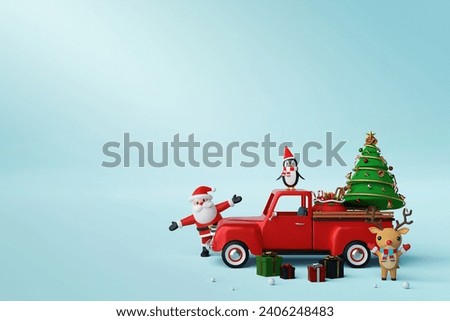 Merry Christmas and Happy New Year, Christmas celebration background with Christmas truck and Santa Claus , 3d rendering